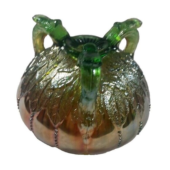 Vintage Northwood Aqua Opal Carnival Glass Leaf & Beads Footed Rose Bowl - Picture 16 of 16